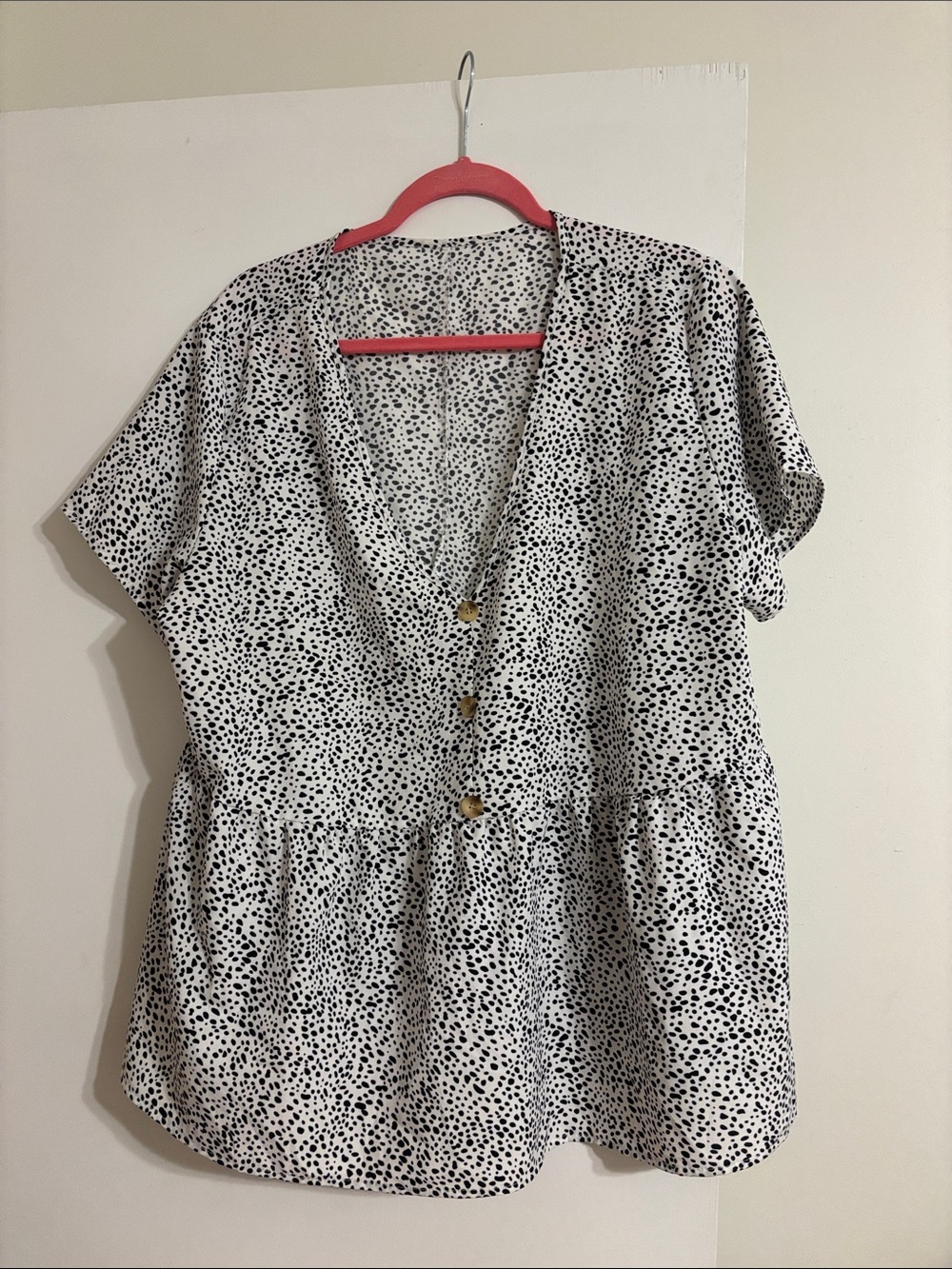 SHEIN White Blouse with Black Spot Print and Button Front